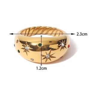 Gold Stainless Steel Starburst Ring‎ Multicolored Zircon Accents Twisted Band